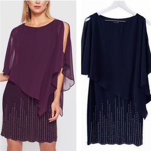 Xscape Navy Silver Studded Scallop Sheer‎ Overlay Dress Size 4